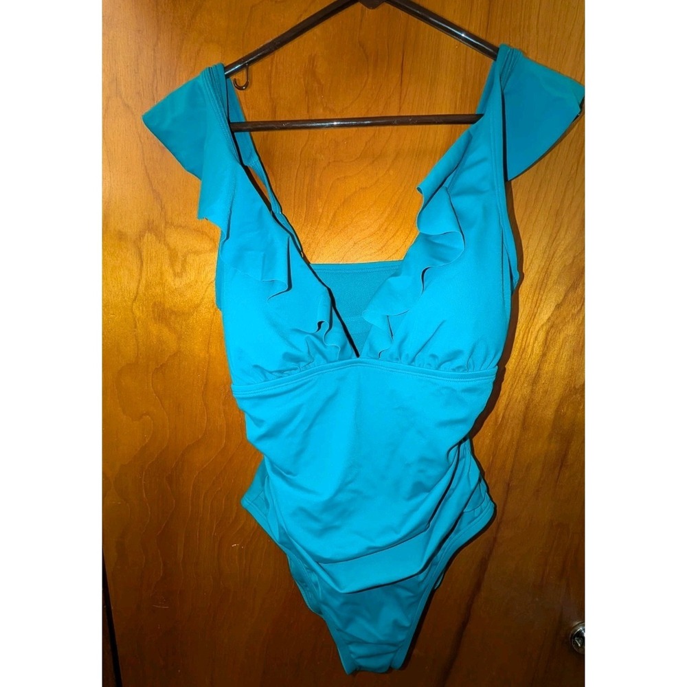 Time and Tru Women's Ruffle Plunge One Piece Swimsuit Turquoise NWT Med 8/10